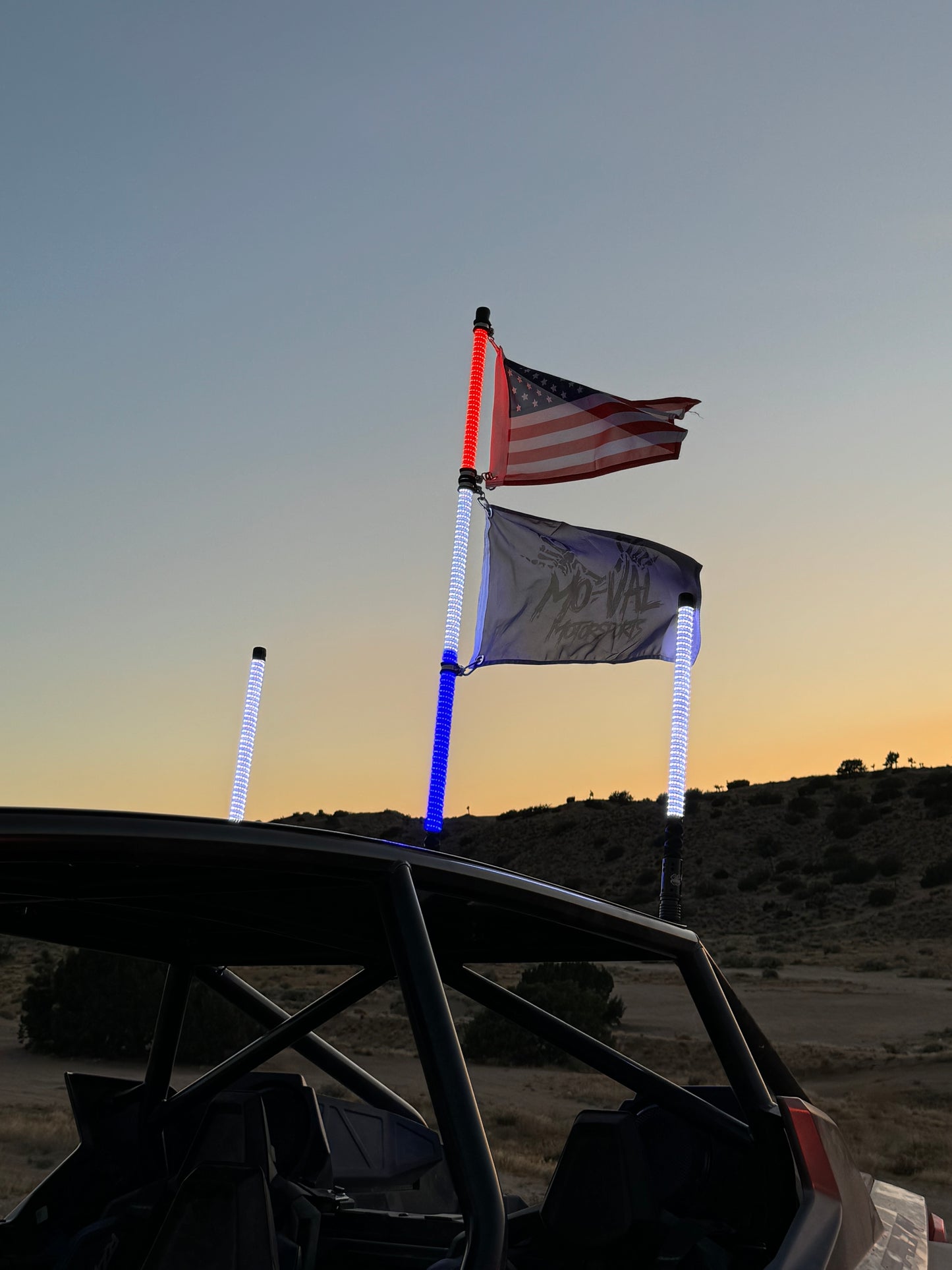 Colorful LED whips by Lucky Whips, showcasing vibrant lights and flexible design for off-road vehicles.