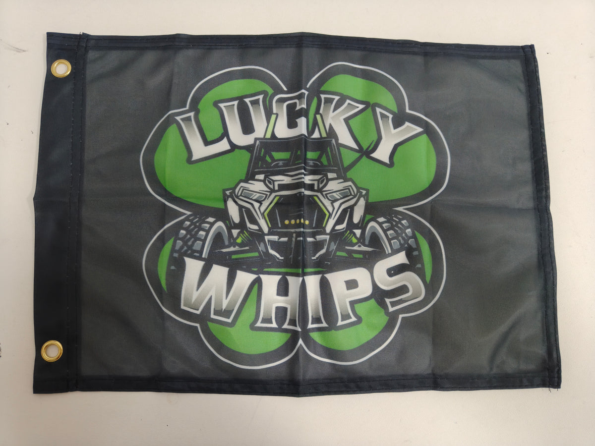 Lucky Whips flag featuring vibrant colors and bold design, perfect for outdoor celebrations and events.