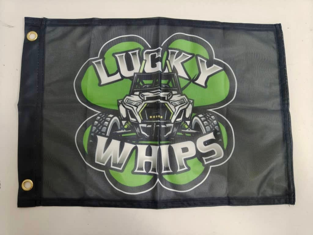 Lucky Whips flag featuring vibrant colors and bold design, perfect for outdoor celebrations and events.