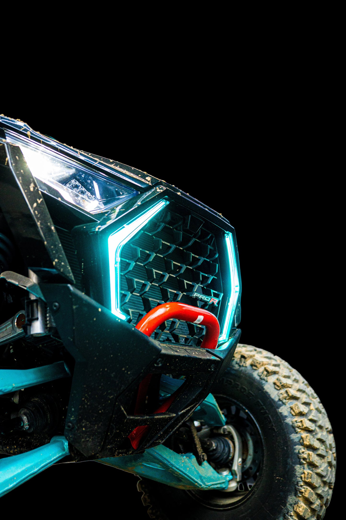 Lucky Whips 2025+ RZR Pro Series RGBW Fang Lights mounted on a Polaris RZR off-road vehicle.