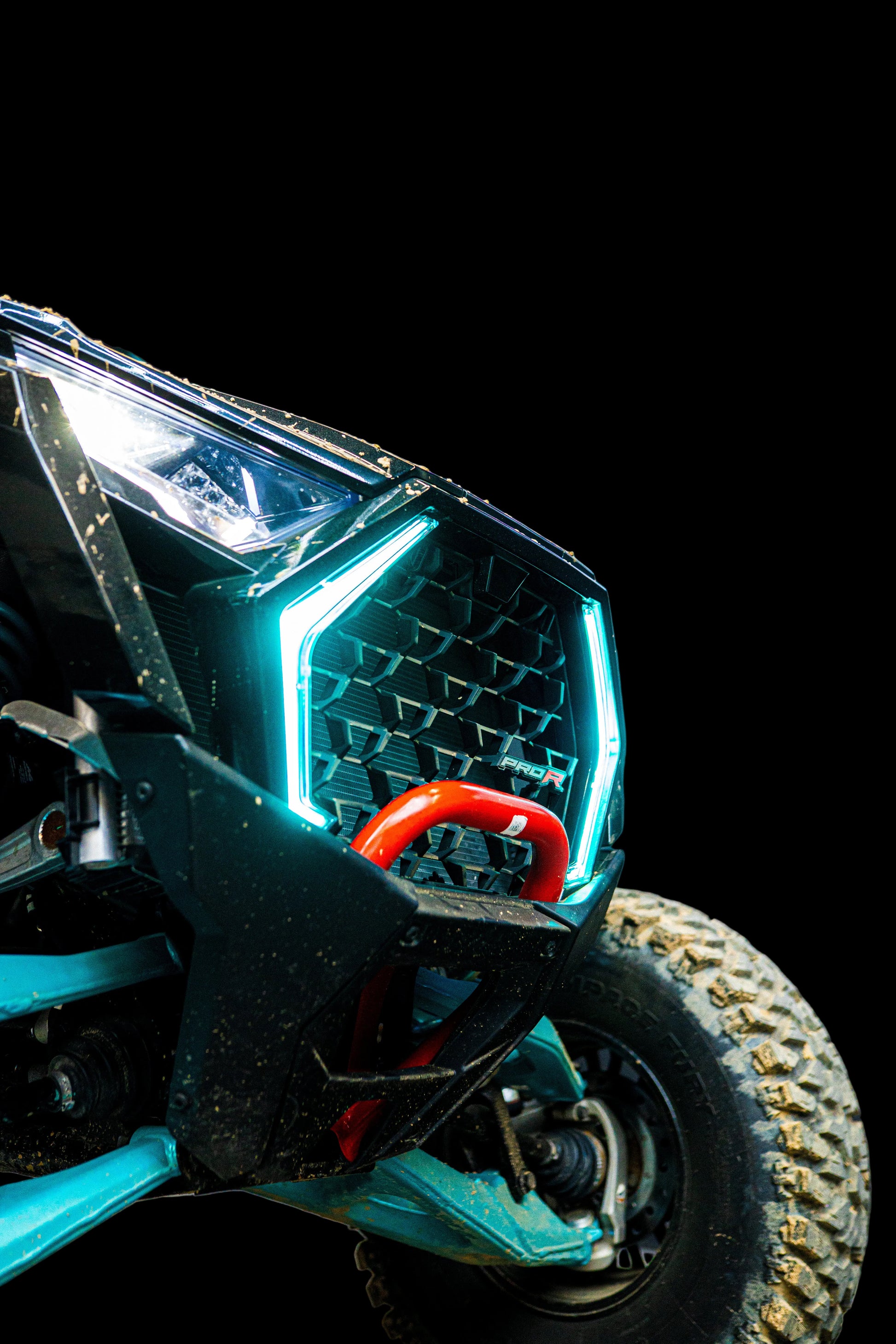 Lucky Whips 2025+ RZR Pro Series RGBW Fang Lights mounted on a Polaris RZR off-road vehicle.