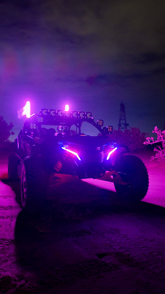 CanAm Maverick R RGBW Fang Lights by Lucky Whips, featuring sleek design and vibrant LED colors for enhanced visibility.
