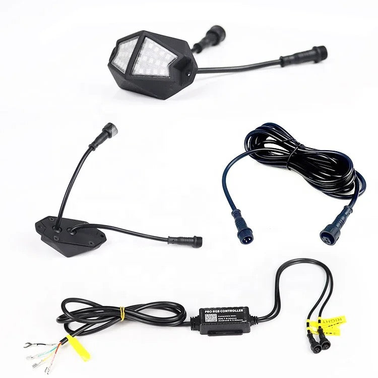 Lucky Whips Chasing Color RGB Rock Lights with four pods, showcasing vibrant multicolor LED lighting for vehicles or outdoor use.