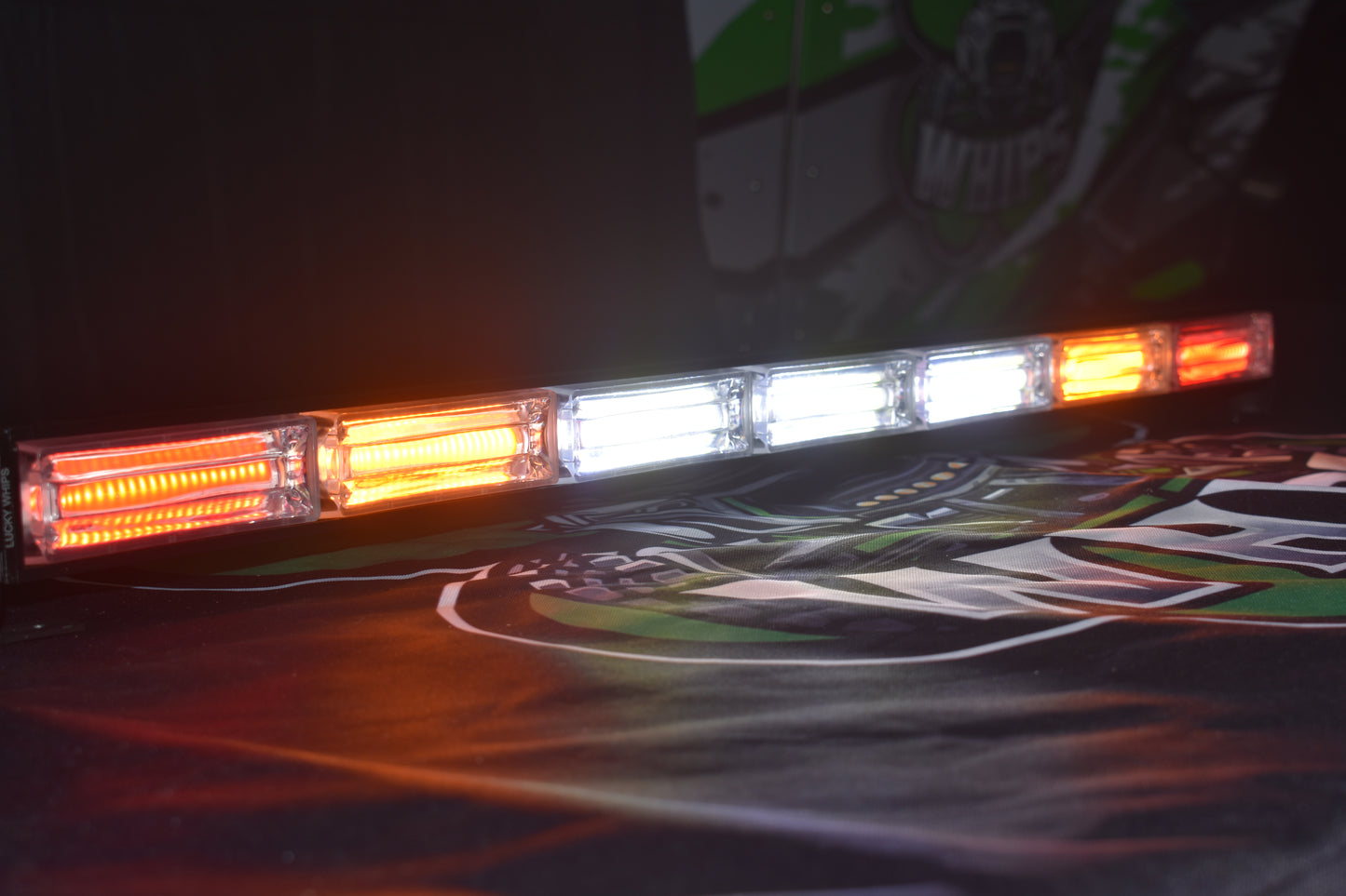 Lucky Whips COB chase light showing vibrant LED lights in a sleek design, perfect for decorative lighting.