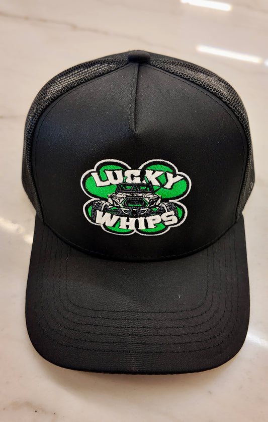 Lucky Whips trucker curve bill hat in black with mesh back and adjustable snap closure, perfect for casual wear.