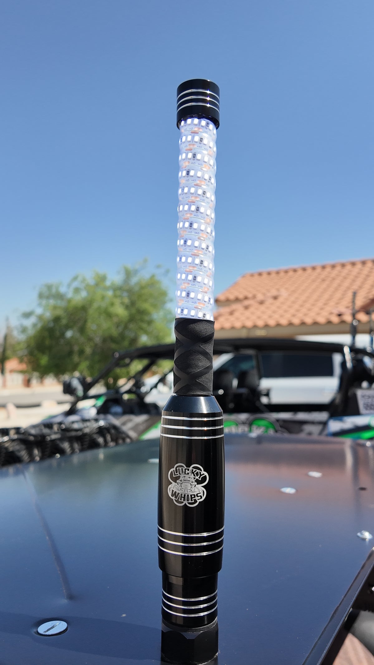 Blue HYPER LED Whips by Lucky Whips, 1ft LED whip for light shows and performances, vibrant and eye-catching in action.