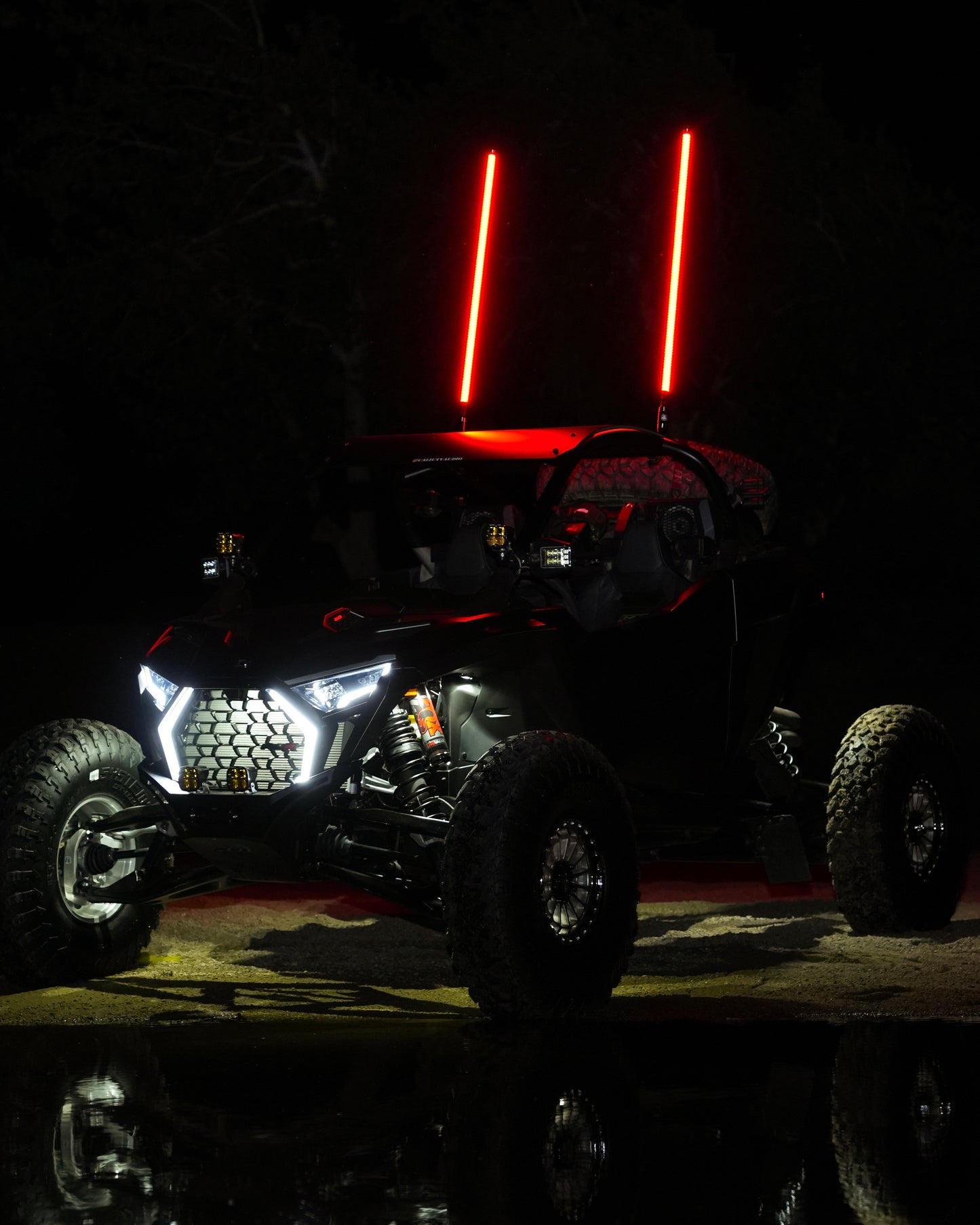 Colorful Lucky Whips LED whips glowing at night, showcasing vibrant light patterns and flexible design for outdoor fun.