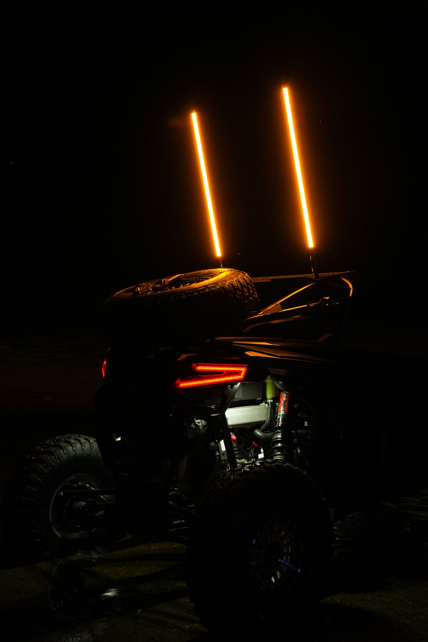 Colorful LED whips by Lucky Whips, showcasing vibrant lights and flexible design for off-road vehicles.
