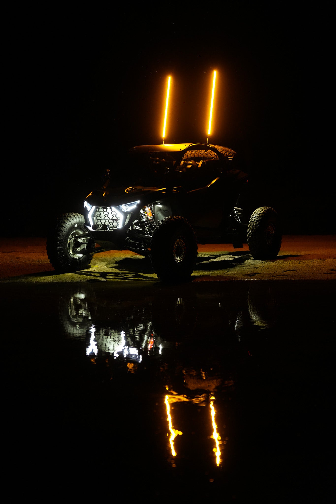 Colorful Lucky Whips LED whips illuminated at night, showcasing vibrant lights and flexible design for outdoor fun.