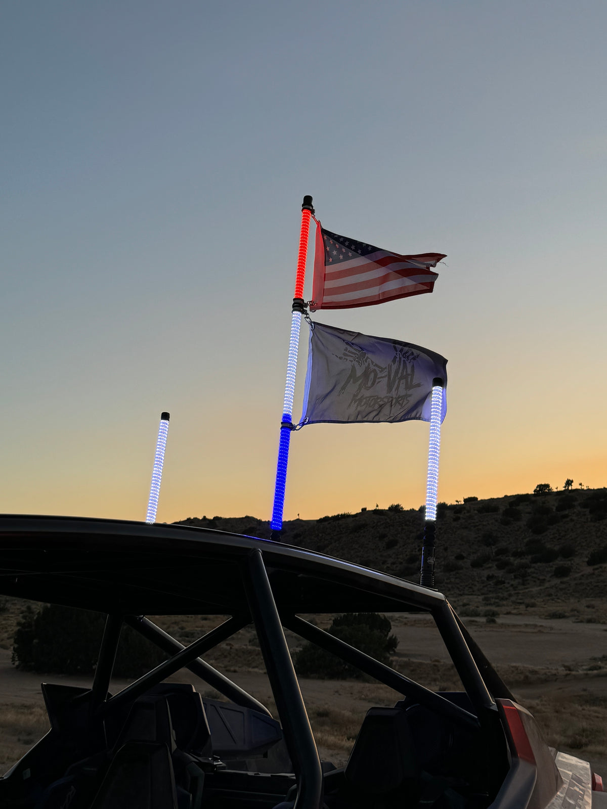 Lucky Whips RWB Hyper LED Whips, 2ft colored light-up whip with vibrant red, white, and blue LED illumination for events or shows.