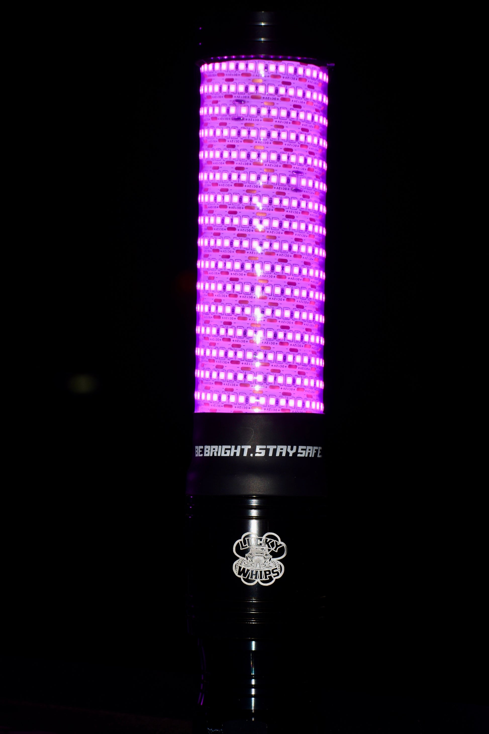 Bright LED whips from Lucky Whips, showcasing vibrant colors and a flexible design for off-road vehicles.