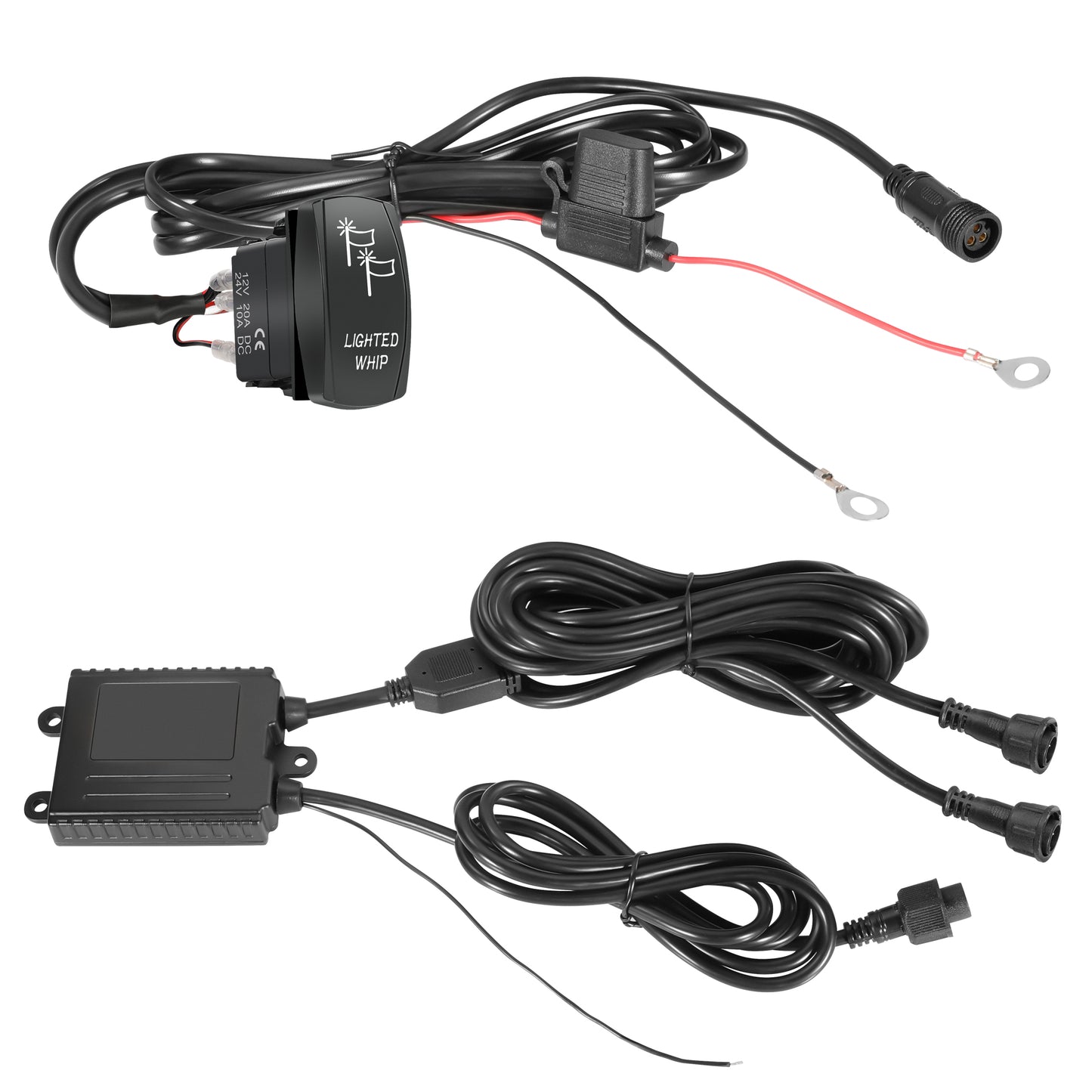 Colorful RGB laser whips from Lucky Whips glowing brightly against a dark background, showcasing their vibrant light effects.