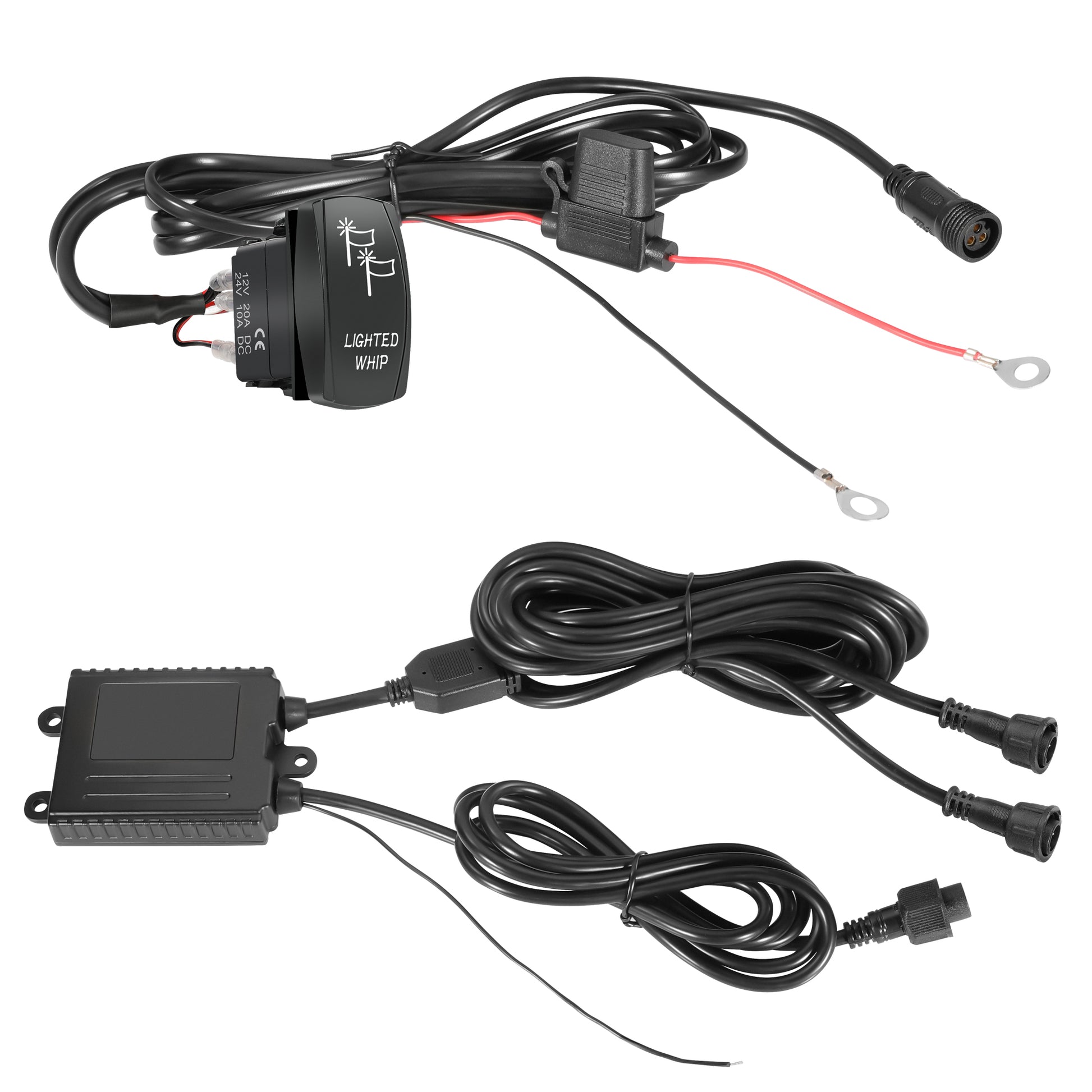 Colorful RGB laser whips from Lucky Whips glowing brightly against a dark background, showcasing their vibrant light effects.