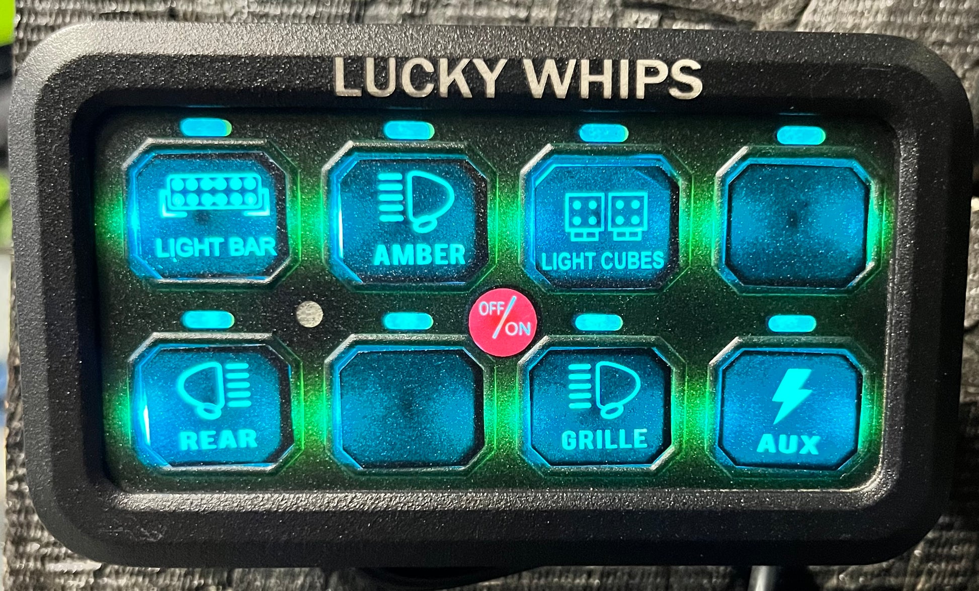 Lucky Whips 8 gang Bluetooth switch panel with illuminated switches and durable design for easy control of multiple devices.