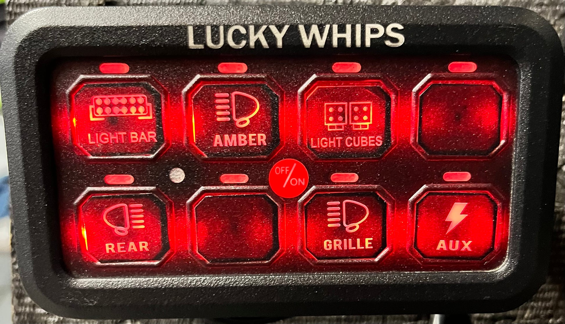 Lucky Whips 8 Gang Bluetooth switch panel featuring multiple toggles and a sleek design for easy control.