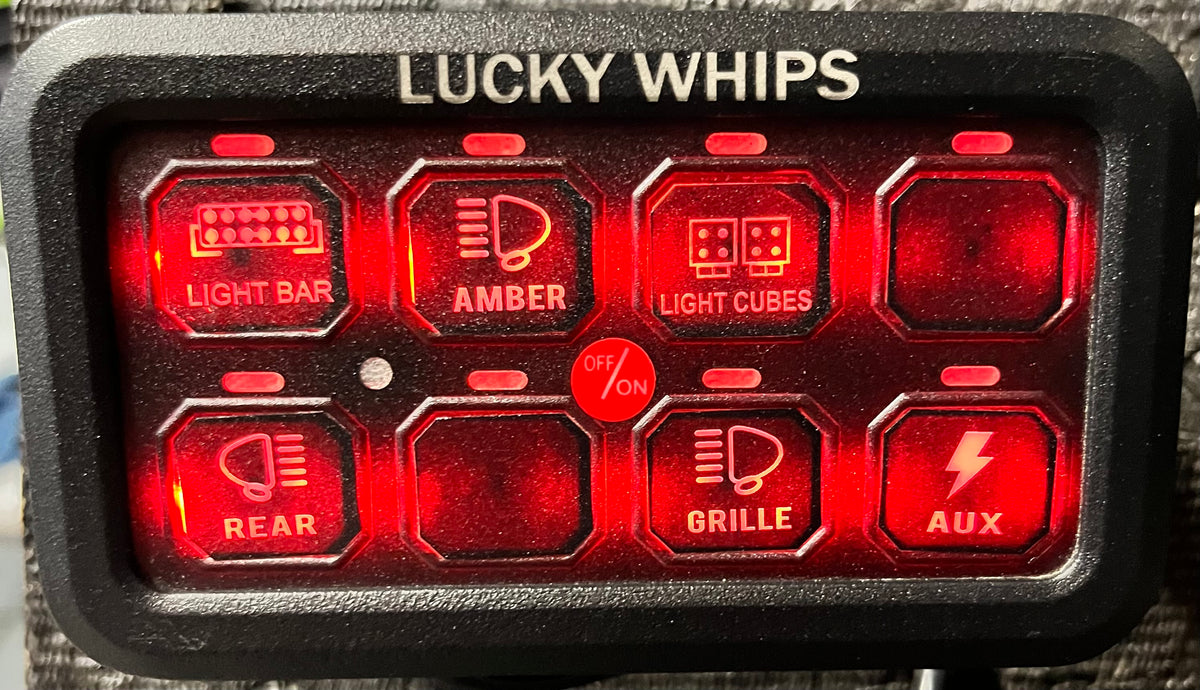 Lucky Whips 8 Gang Bluetooth switch panel with multiple switches, sleek black design, and modern control interface.