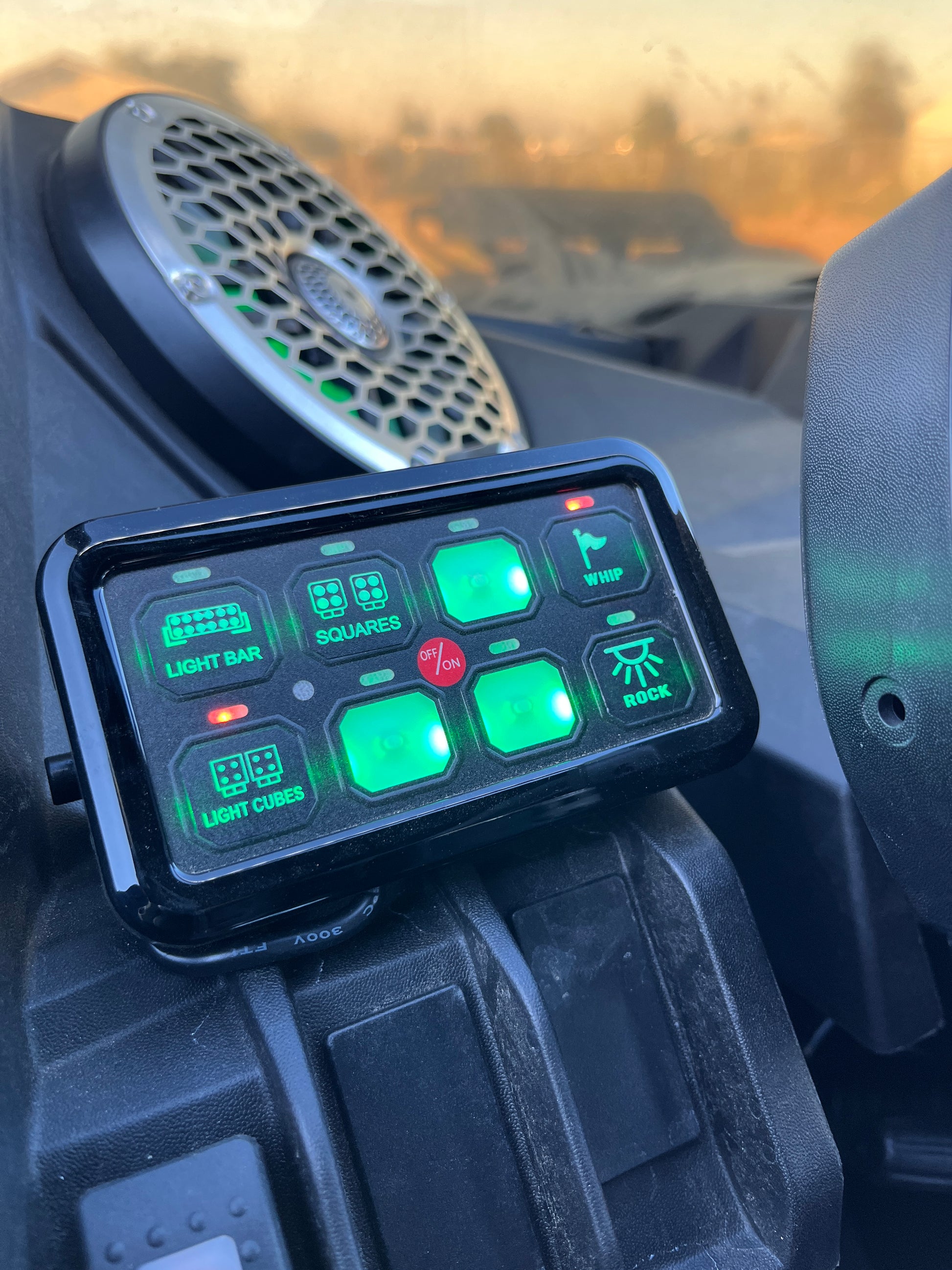 Lucky Whips 8 Gang Bluetooth switch panel with illuminated switches and sleek design, ideal for vehicle modifications.