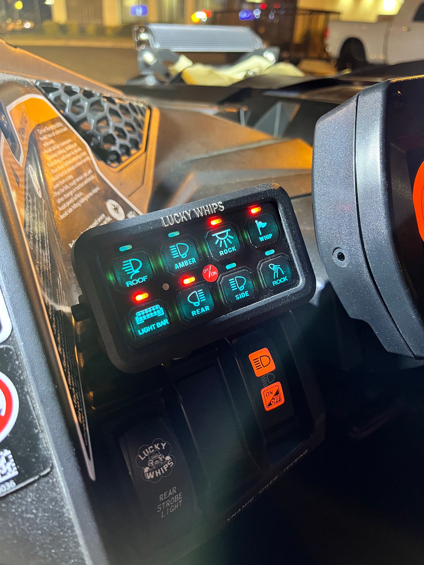 Lucky Whips 8 gang Bluetooth switch panel with multiple switches and a sleek design for easy control.