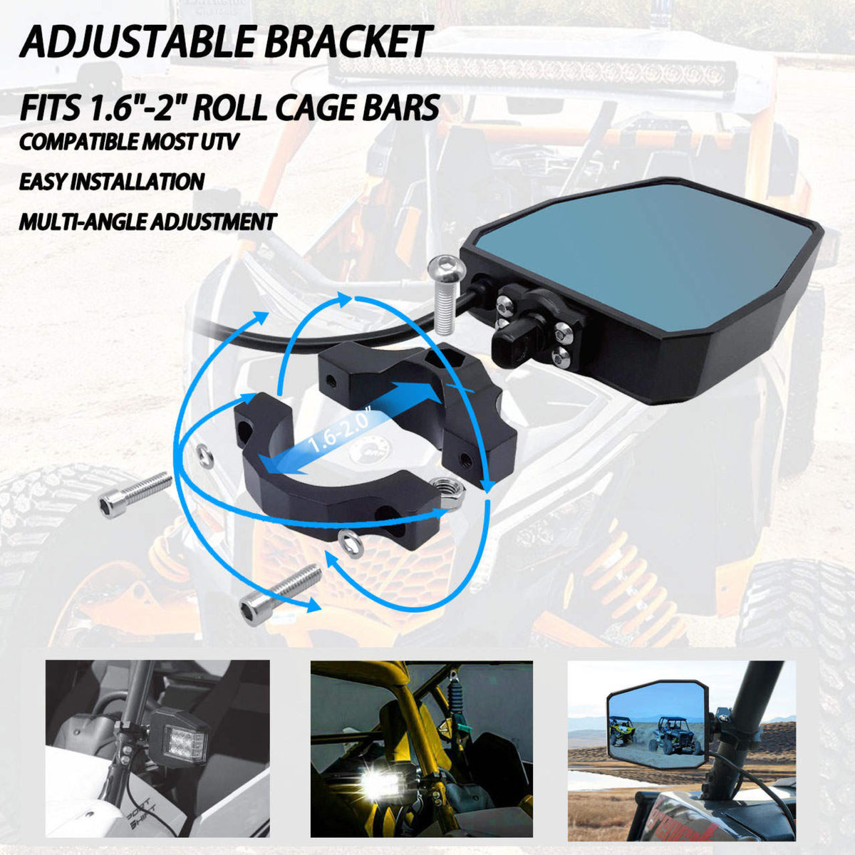 Lucky Whips UTV side mirror showcasing a sleek design with adjustable mounting for enhanced visibility.