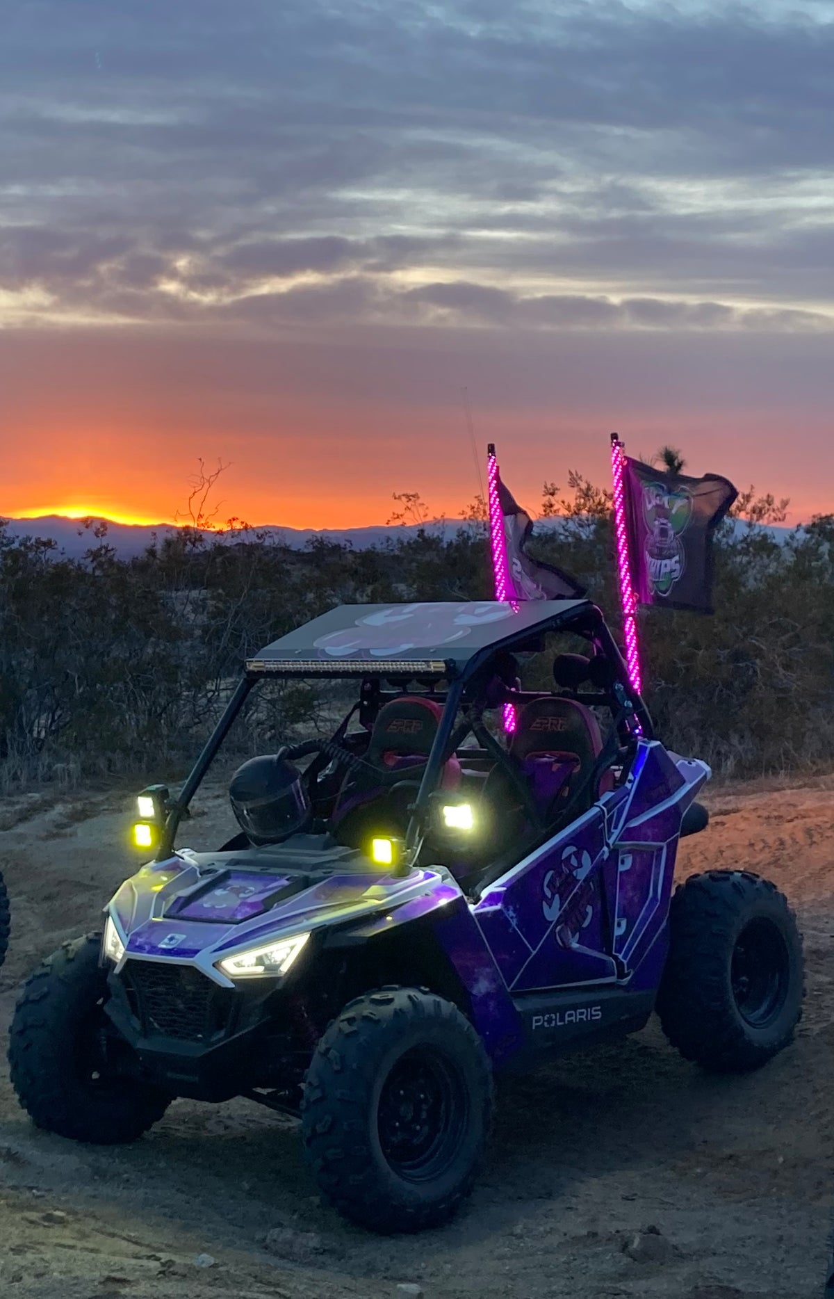 Lucky Whips UTV side view mirror mounted on a rugged off-road vehicle, showcasing clear visibility and durable design.