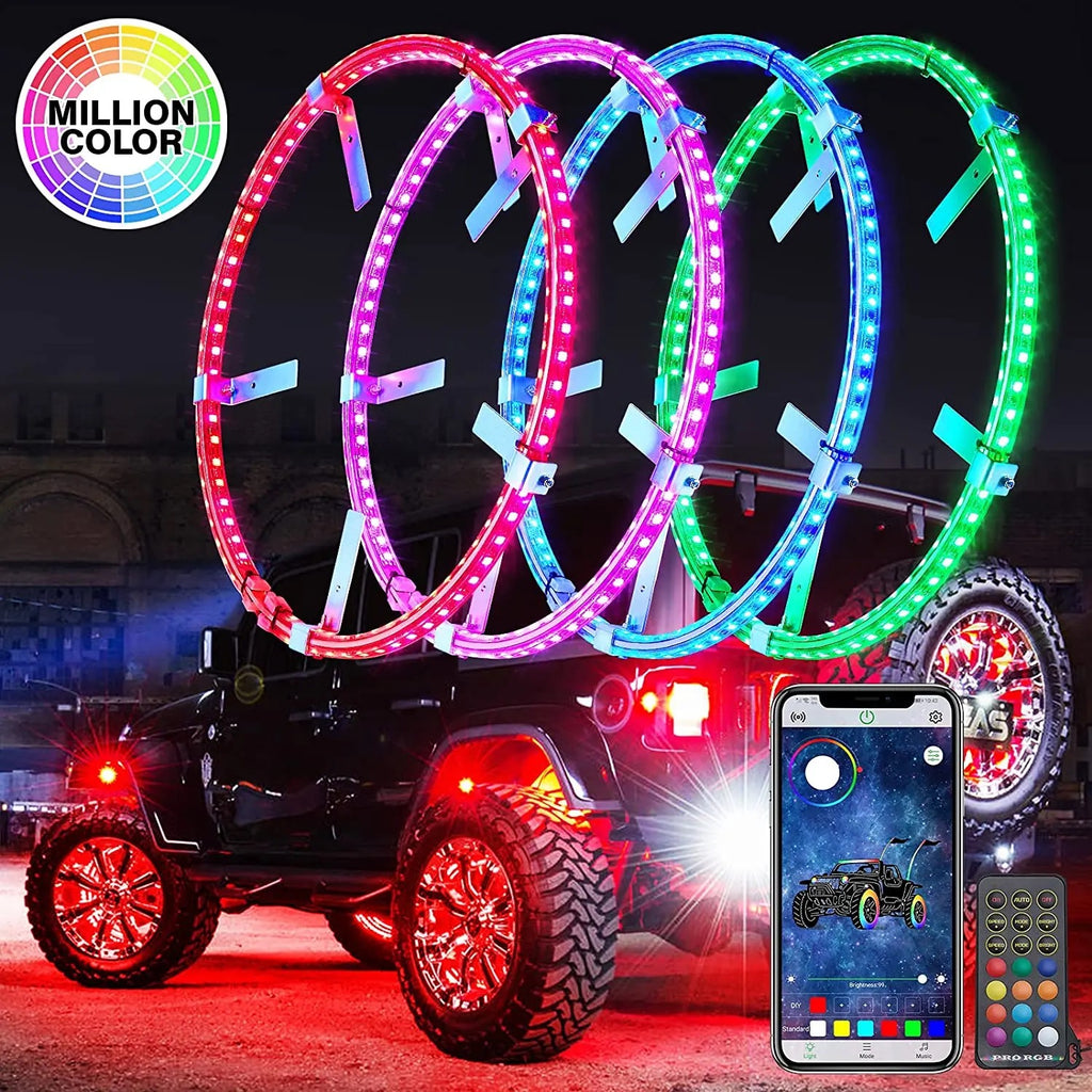 Lucky Whips RGB Wheel Ring Lights showing vibrant dual-color LED rings around a car wheel for stylish illumination.