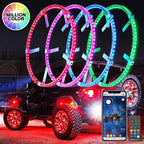 Lucky Whips RGB Wheel Ring Lights showing vibrant dual-color LED rings around a car wheel for stylish illumination.