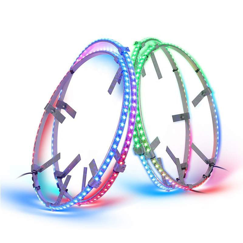 Lucky Whips RGB Wheel Ring Lights showing dual-wheel design with vibrant RGB lighting for automotive or decorative use.