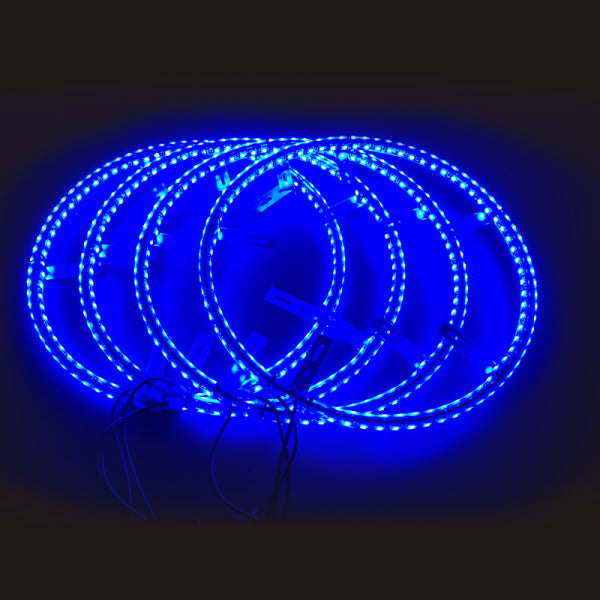 Lucky Whips RGB Wheel Ring Lights with dual ring design, colorful LED lighting for bikes or vehicles.