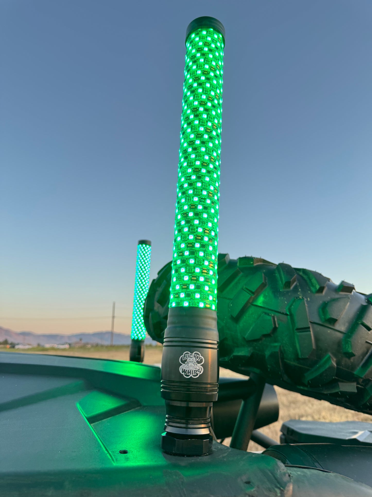 Lucky Whips XTREME 2FT FAT WHIPS in vibrant colors, showcasing the flexible design and sturdy construction.