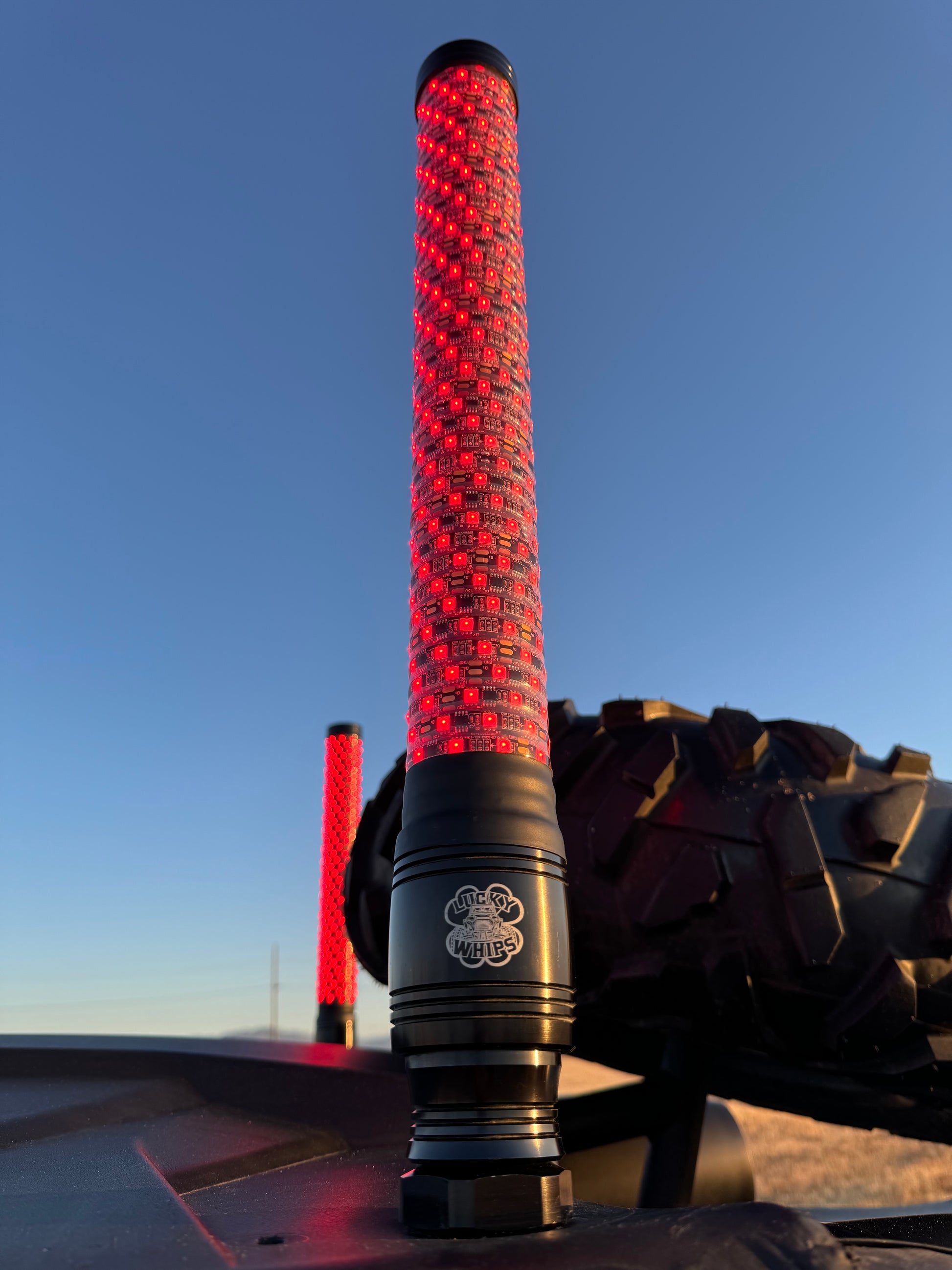 Lucky Whips XTREME 2FT FAT WHIPS in vibrant colors, showcasing the thick, durable design ideal for outdoor use.