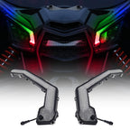 Can Am X3 RGBW Brow Lights installed on the vehicle, showcasing vibrant customizable LED lighting for off-road use.