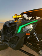 Can Am X3 RGBW Brow Light showing bright LED strip with colorful lighting on a side-view of the vehicle.