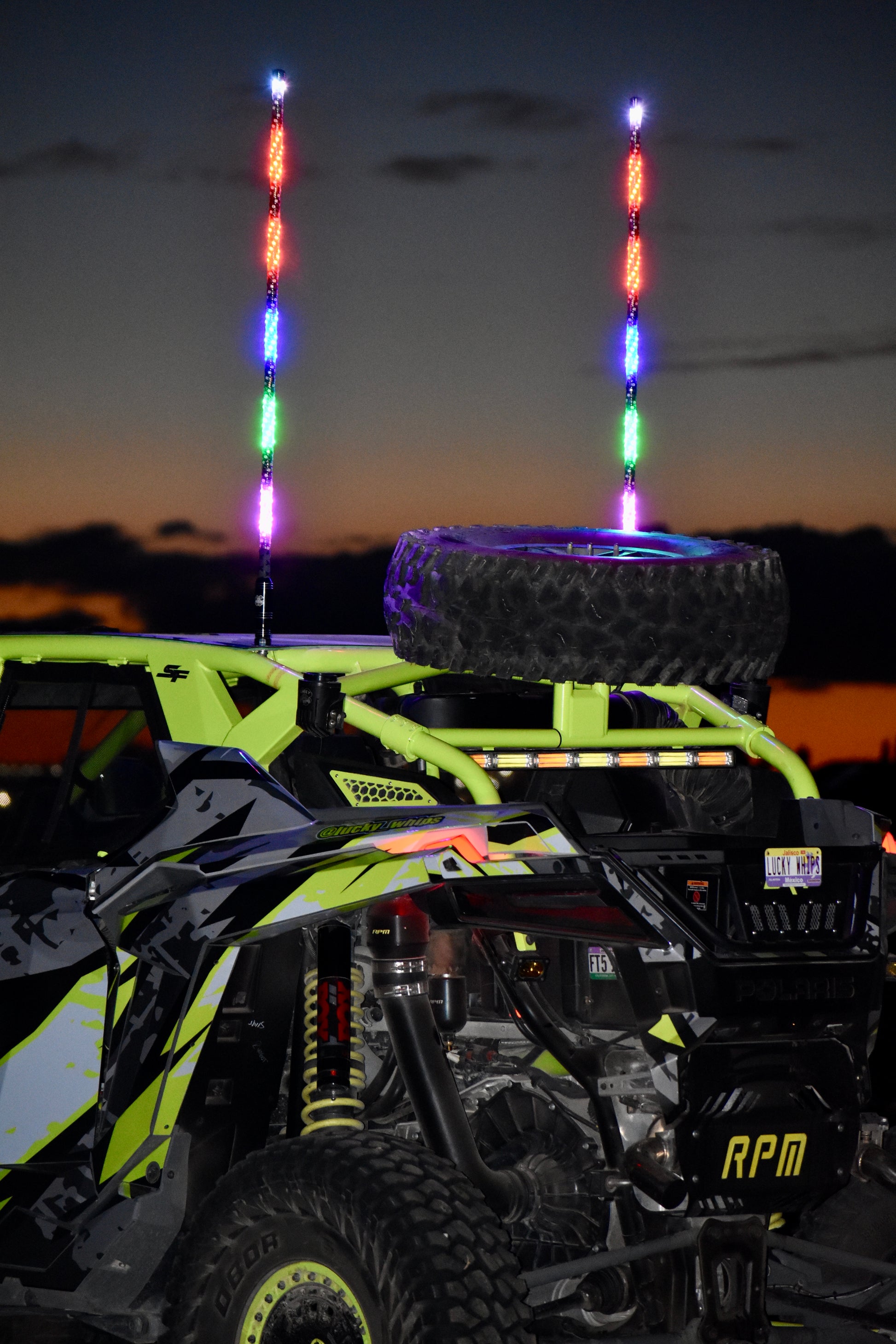 4-foot LED whips by OG WHIPS, featuring vibrant colors and a flexible design for enhanced visibility and style.