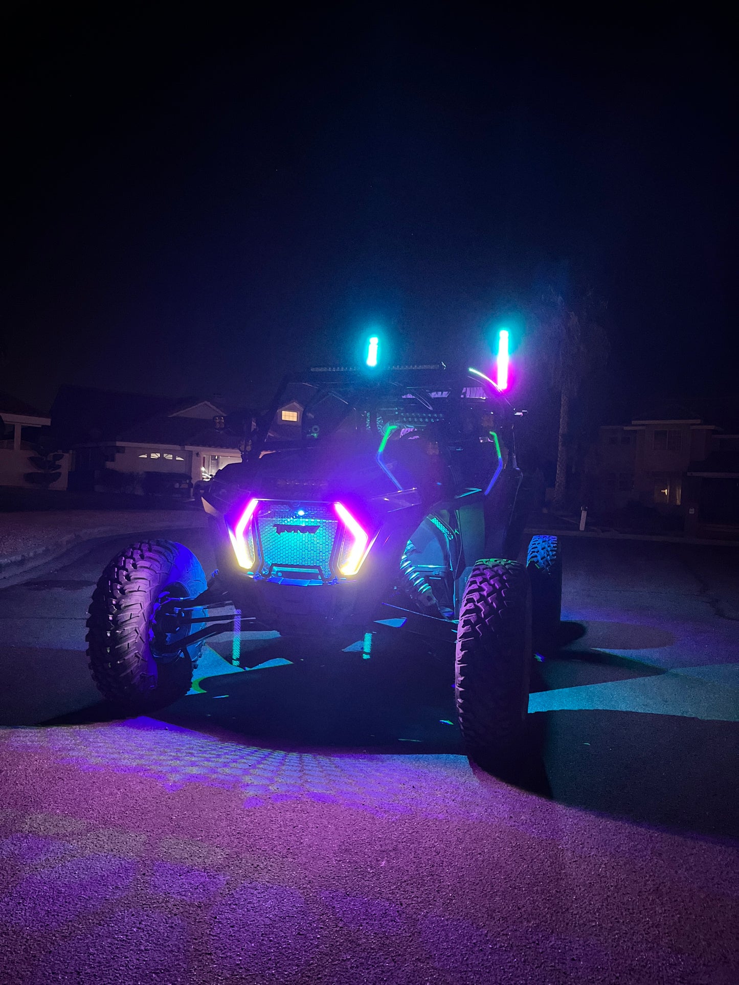 RZR Fang Lights by Lucky Whips, showcasing bright LED illumination and rugged design for off-road vehicles.